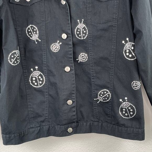 Quacker Factory Black Denim Ladybug Rhinestone Embellished Button Jacket Large - Picture 5 of 14